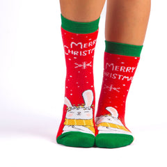 Rabbit Gifts Socks, White Rabbit Printed Merry Christmas Socks for Family Gift, Cozy Soft Adult Socks For Mom Gifts, Comfy Home Socks Gifts