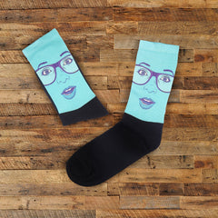 Funny Face Socks Women With Glasses, Employee Christmas Gifts Design Socks, Blue Cotton Ankle Socks for New Year, Bestfriend Gift Soft Socks